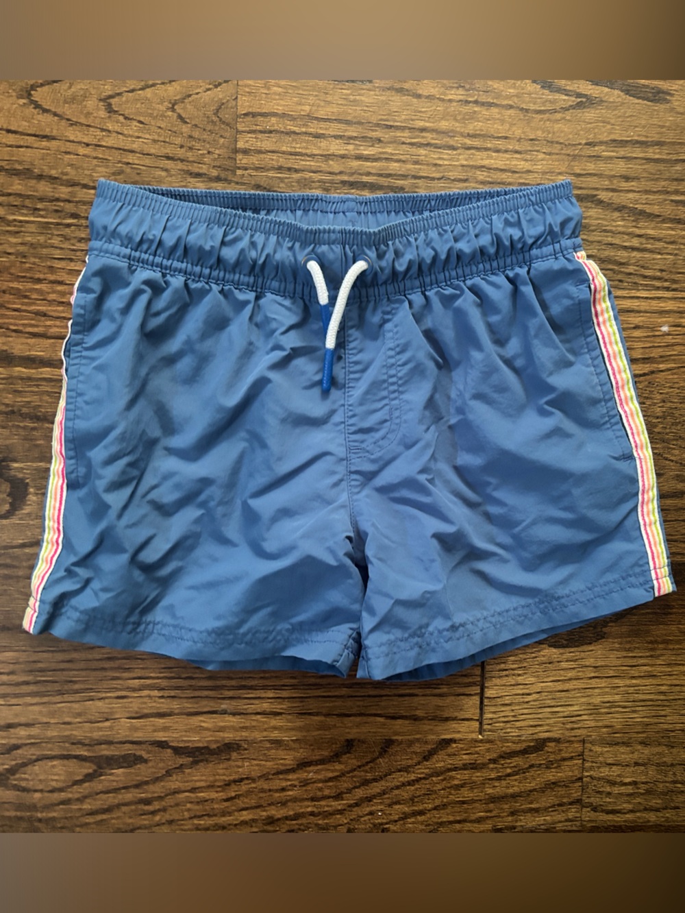 art class Blue Boys Swim Trunks with Rainbow Side Stripes
